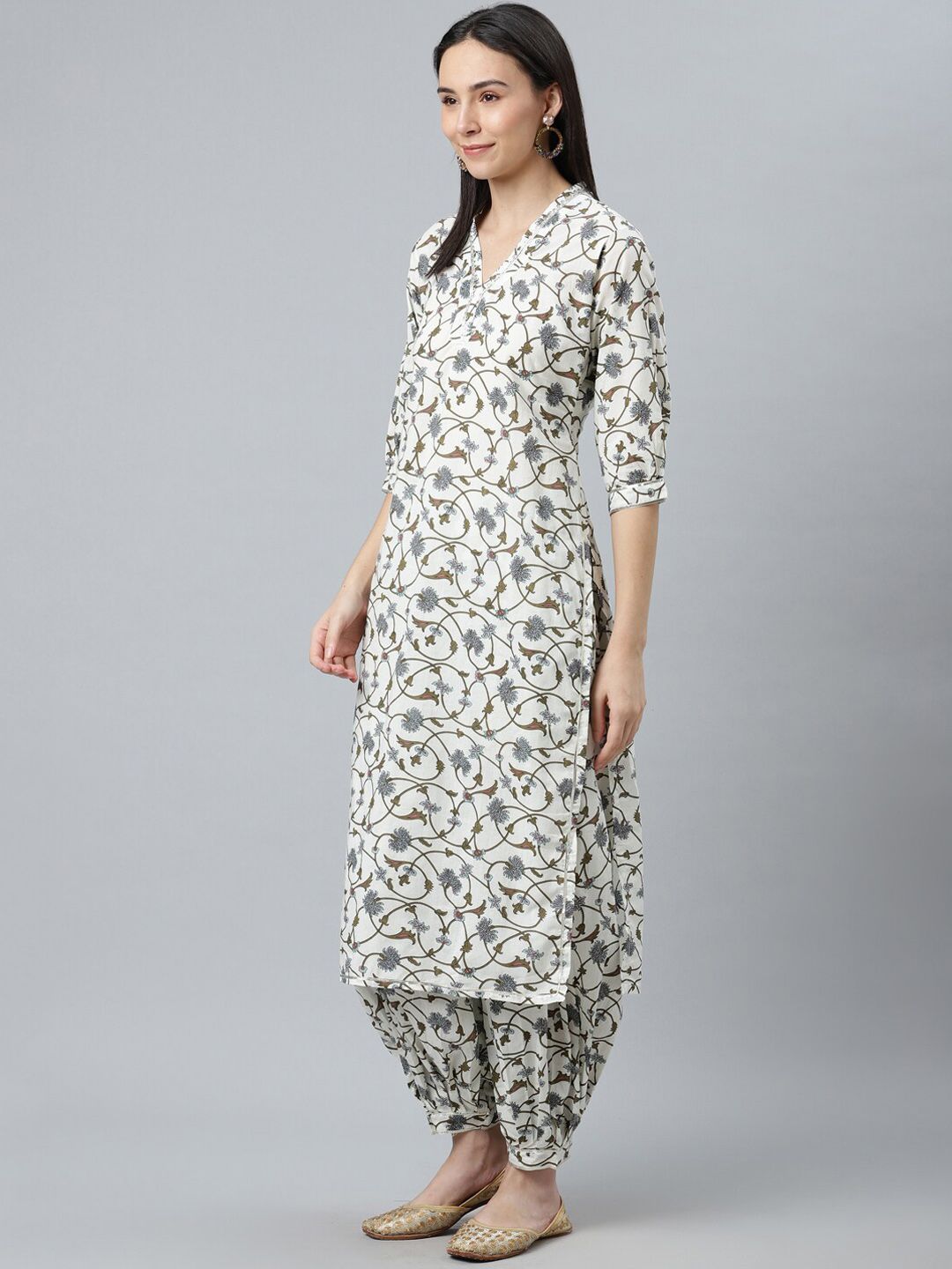 Libas Women White Floral Printed Pure Cotton Kurta with Salwar & With Dupatta