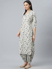 Libas Women White Floral Printed Pure Cotton Kurta with Salwar & With Dupatta