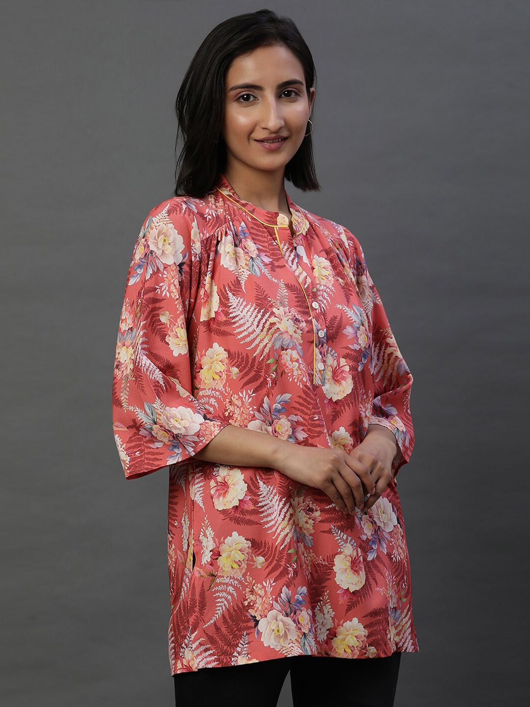 AURELIA Floral Printed Mandarin Collar Pure Cotton Kurti