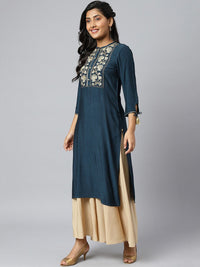 AURELIA Women Teal & Gold-Toned Yoke Design Thread Work Kurta