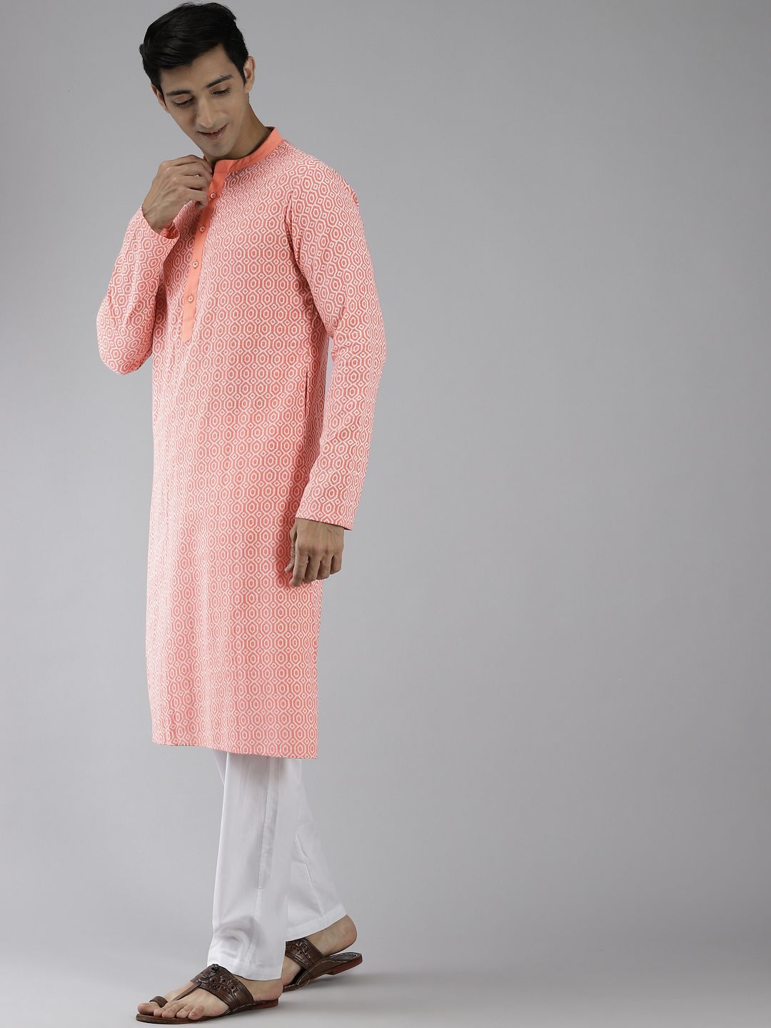 See Designs Men Coral Pink Printed Pure Cotton Kurta with Trousers