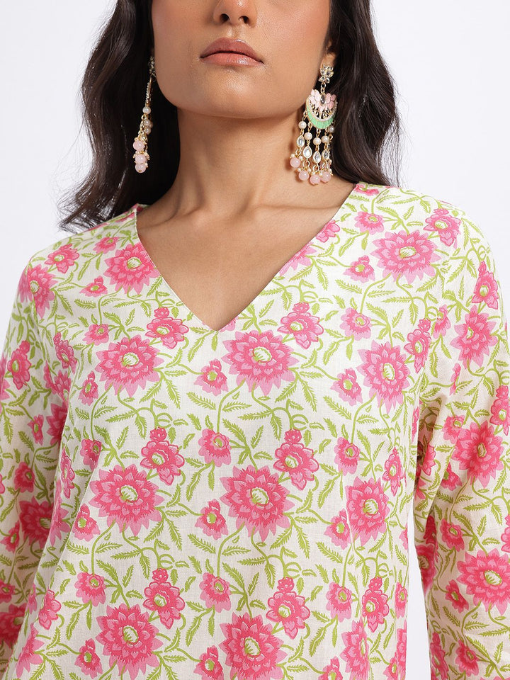 Anouk Floral Printed Pure Cotton Straight Kurta with Trousers & Dupatta