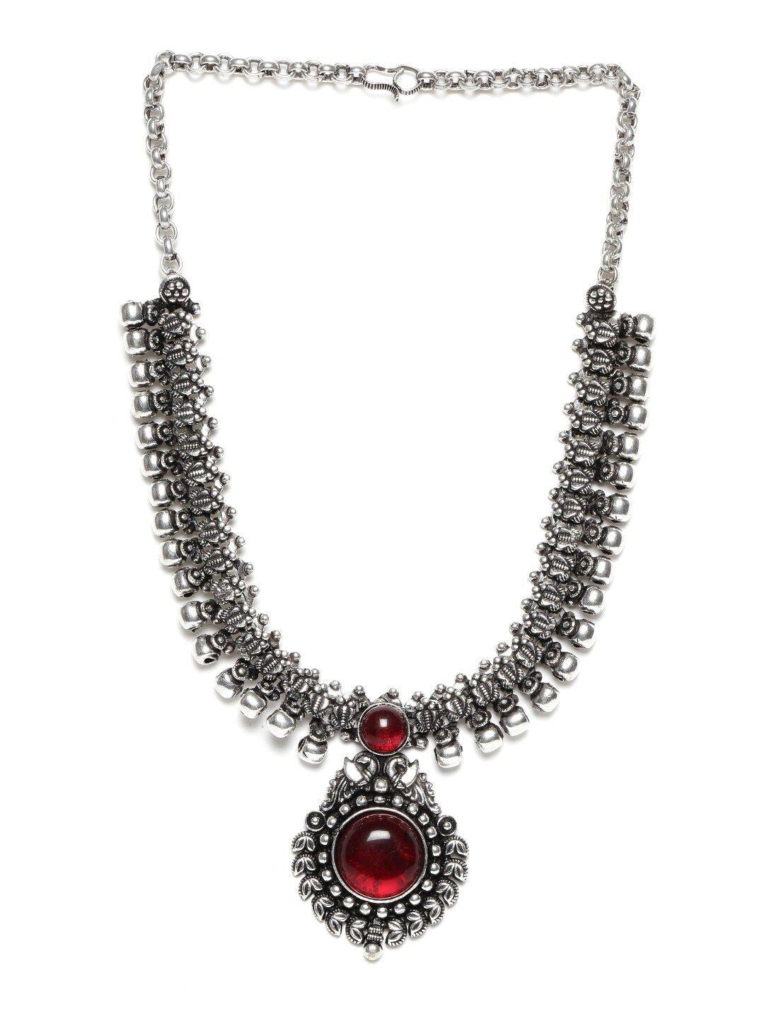 Rubans Oxidised Silver-Plated Ruby Red Stone Studded Antique Statement Necklace