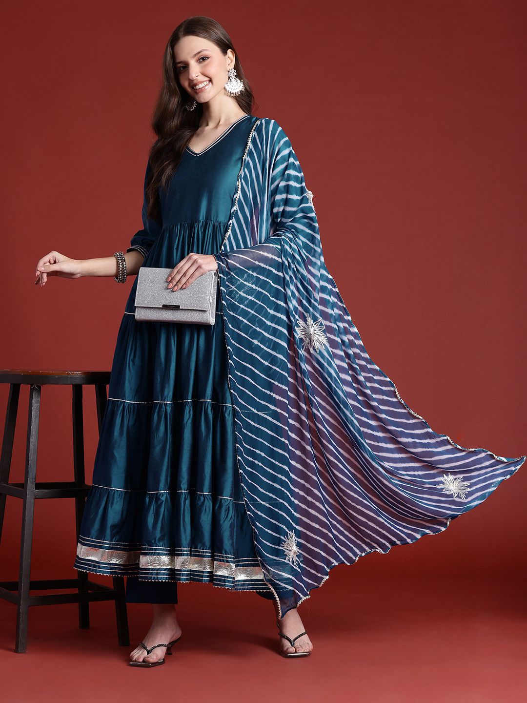 Anouk Tiered Gotta Patti Detail Anarkali Kurta with Trousers & Dupatta