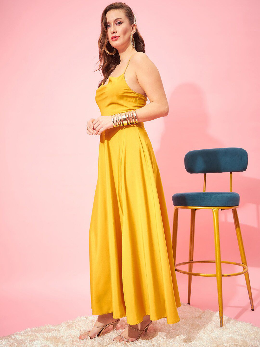 Berrylush Yellow Shoulder Straps Tie Ups Maxi Dress