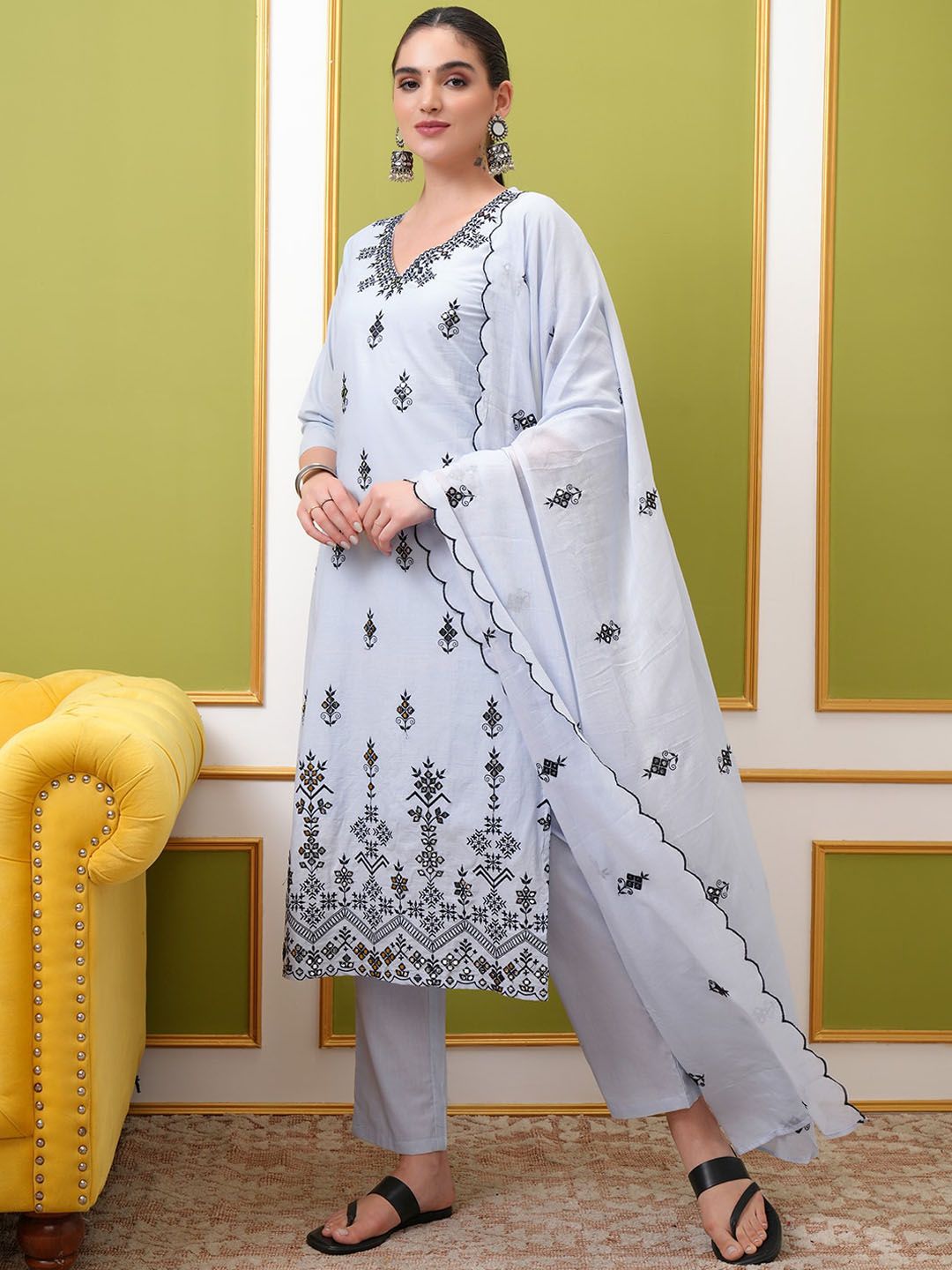 Vishudh Blue Ethnic Motifs Embroidered Pure Cotton Straight Kurta With Trousers & Dupatta