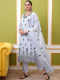 Vishudh Blue Ethnic Motifs Embroidered Pure Cotton Straight Kurta With Trousers & Dupatta