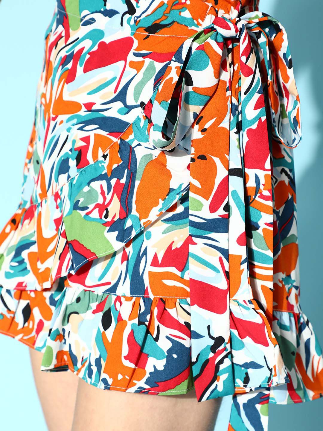 Berrylush Women White Printed  High-Rise Wrap Shorts with Ruffle Hem