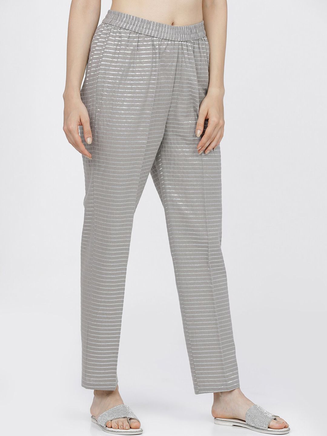 Vishudh Women Grey Striped Regular Pure Cotton Kurta with Trousers