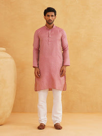 SOJANYA Men Pink Regular Thread Work Kurta with Churidar