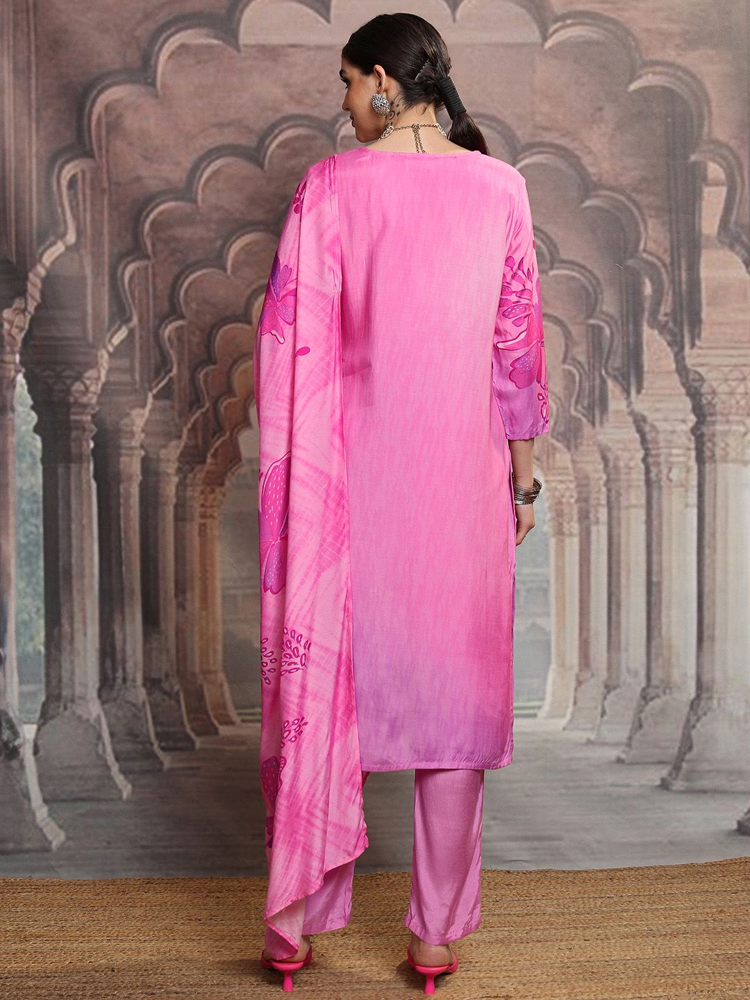 Vishudh Pink Floral Yoke Design Thread Work Straight Kurta With Trousers & Dupatta