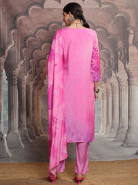 Vishudh Pink Floral Yoke Design Thread Work Straight Kurta With Trousers & Dupatta