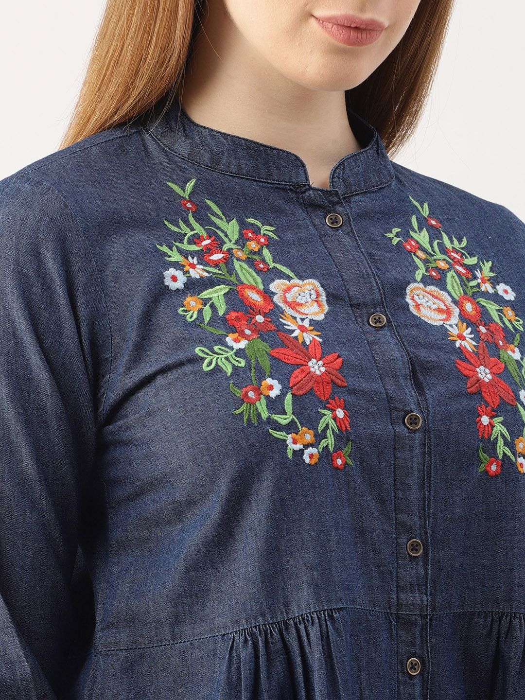 DressBerry Blue Self Design High-Low Chambray Pure Cotton Top