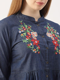 DressBerry Blue Self Design High-Low Chambray Pure Cotton Top