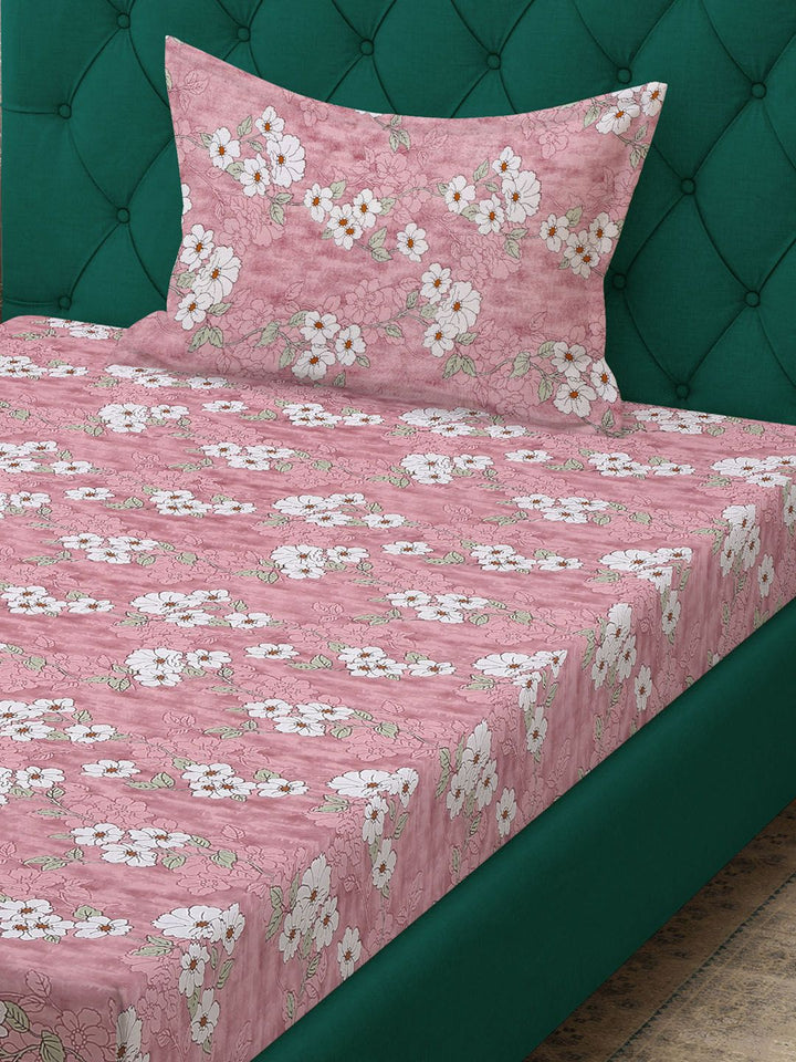 KLOTTHE Pink & White Printed Pure Cotton 400 TC Single Bedsheet With Pillow Cover
