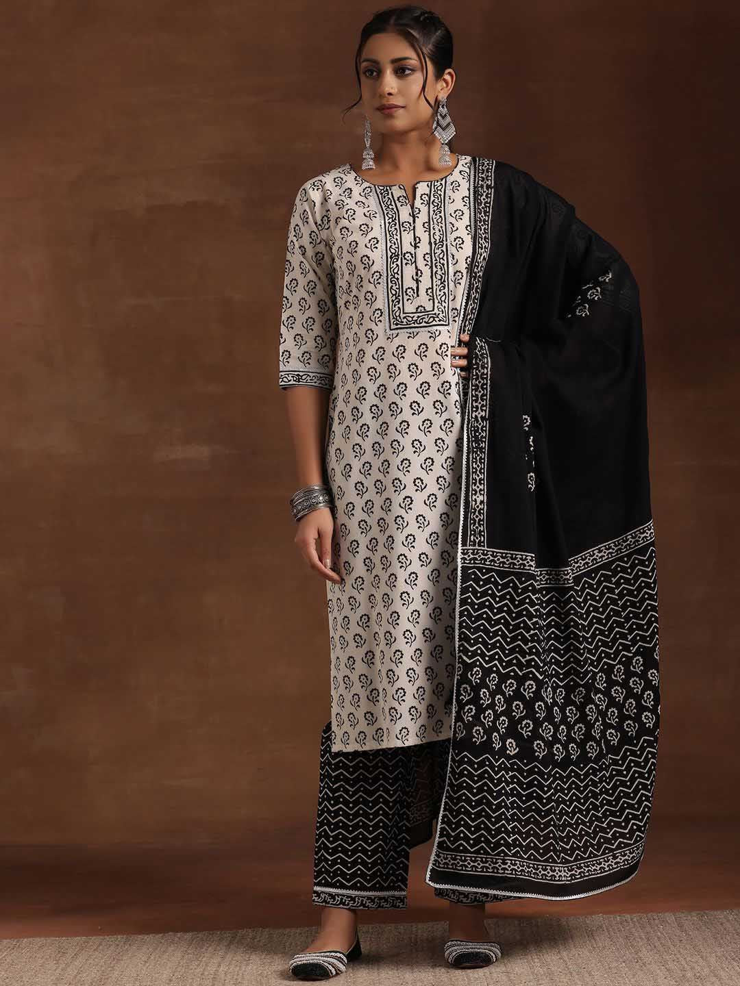 Libas Black & White Floral Printed Notch Neck Pure Cotton Kurta with Trousers & Dupatta