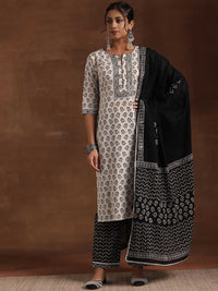 Libas Black & White Floral Printed Notch Neck Pure Cotton Kurta with Trousers & Dupatta