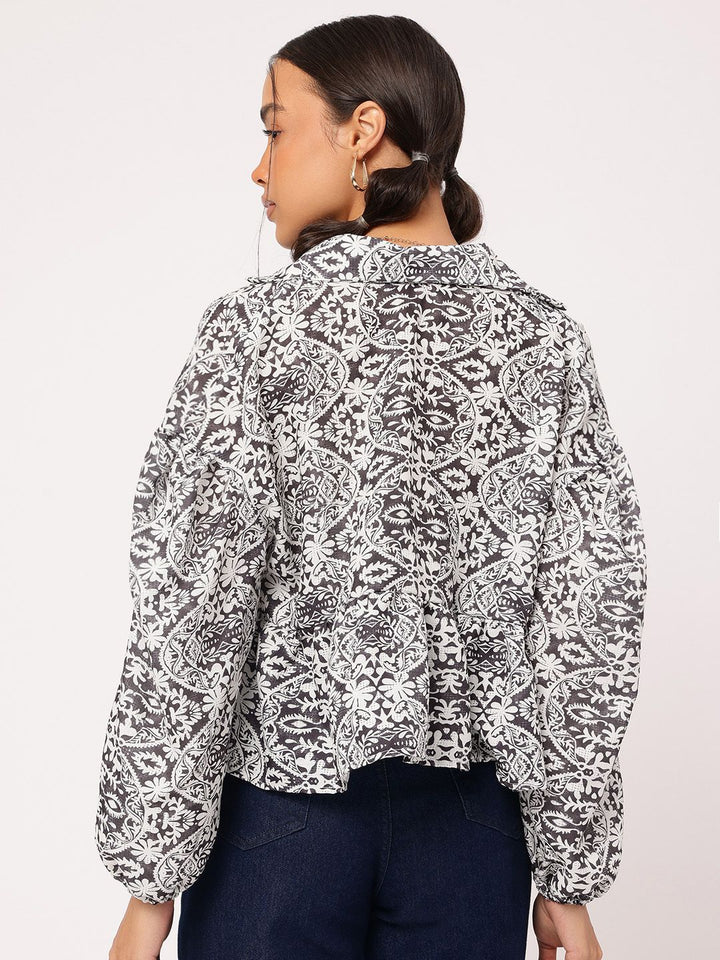 DressBerry Monochrome Mania Ethnic Printed Puff Sleeves Shirt-Style Top