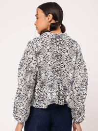 DressBerry Monochrome Mania Ethnic Printed Puff Sleeves Shirt-Style Top