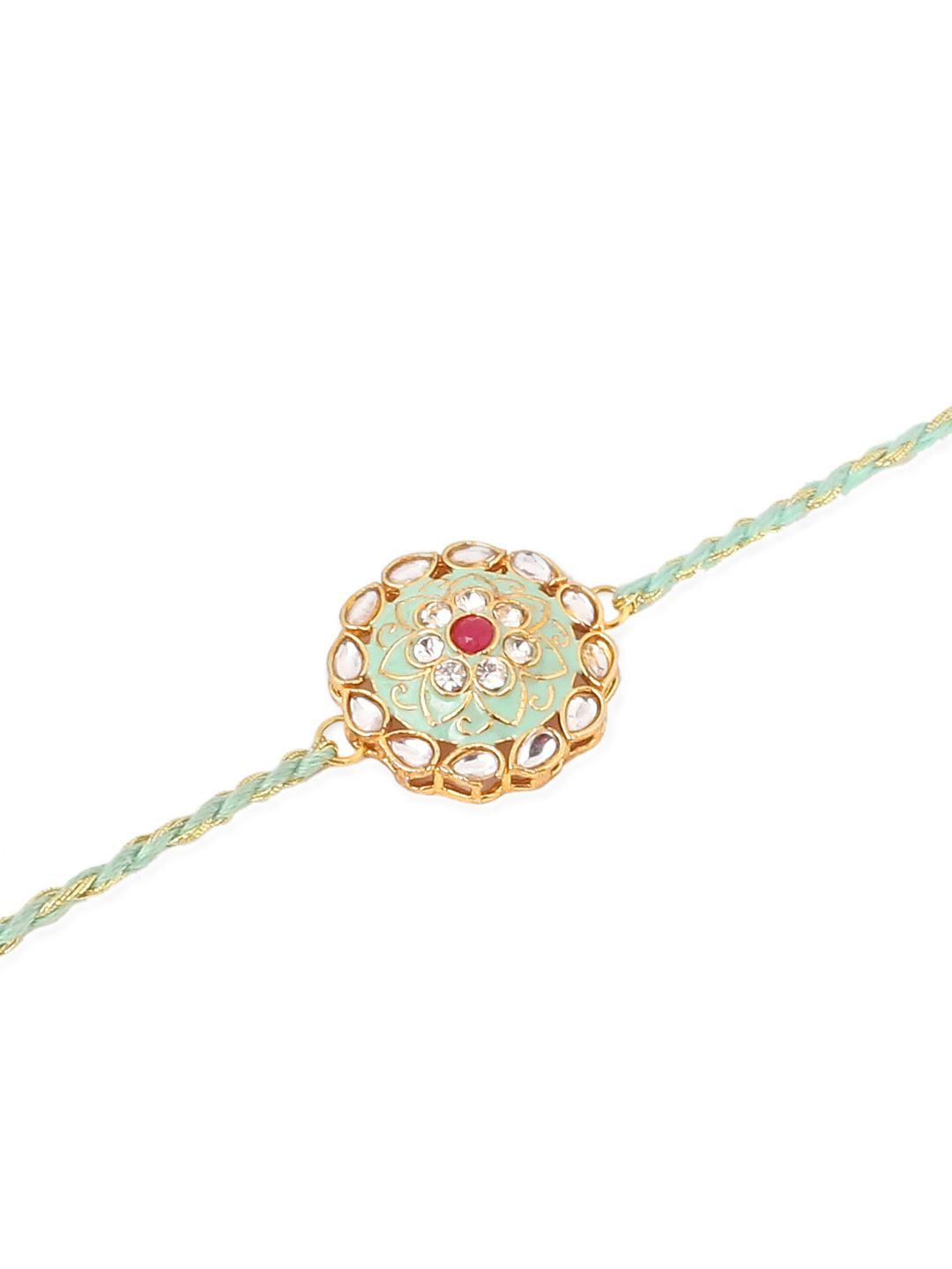 NVR Unisex Set of 2 Kundan Studded Round Floral Rakhi with Roli Chawal Chandan Mishri