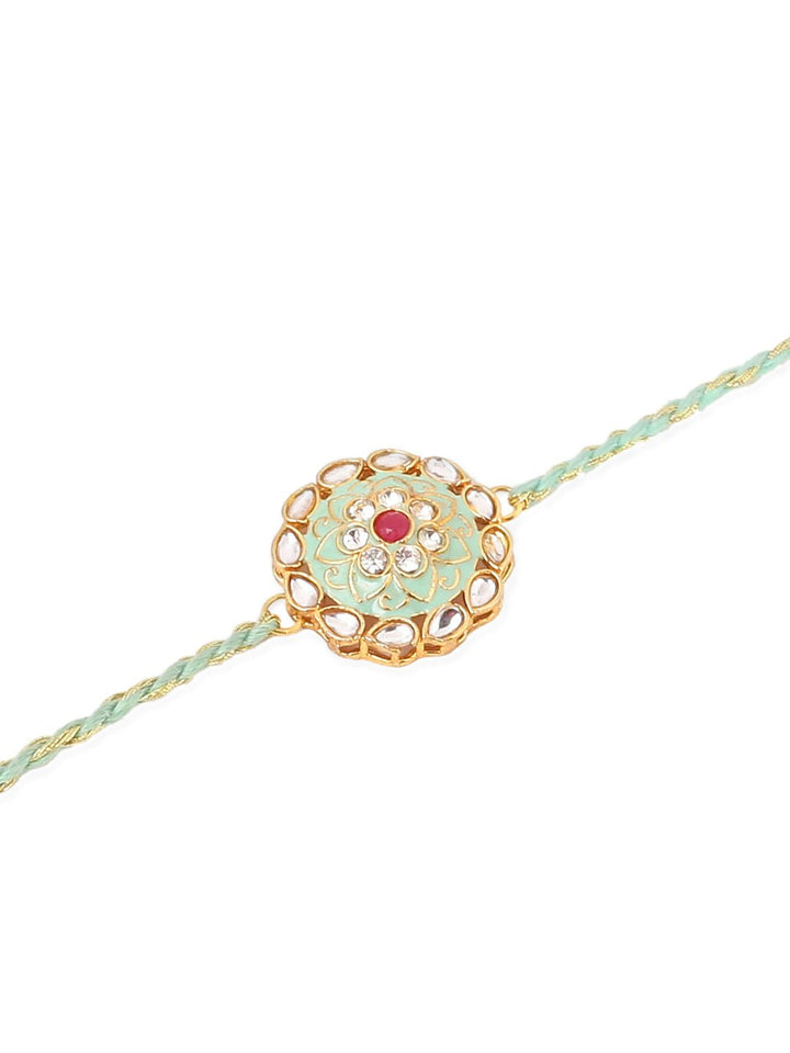 NVR Unisex Set of 2 Kundan Studded Round Floral Rakhi with Roli Chawal Chandan Mishri