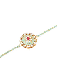 NVR Unisex Set of 2 Kundan Studded Round Floral Rakhi with Roli Chawal Chandan Mishri