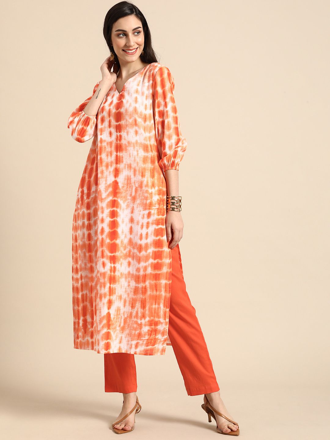 Anouk Women Orange Dyed Pure Cotton Kurta with Trousers