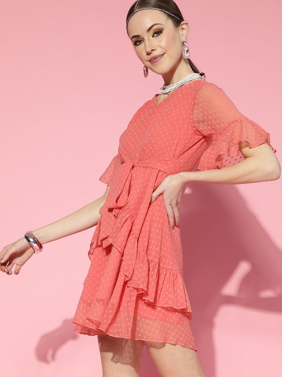Berrylush Pink Self Design Ruffle Detail Dress