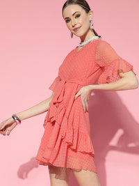 Berrylush Pink Self Design Ruffle Detail Dress