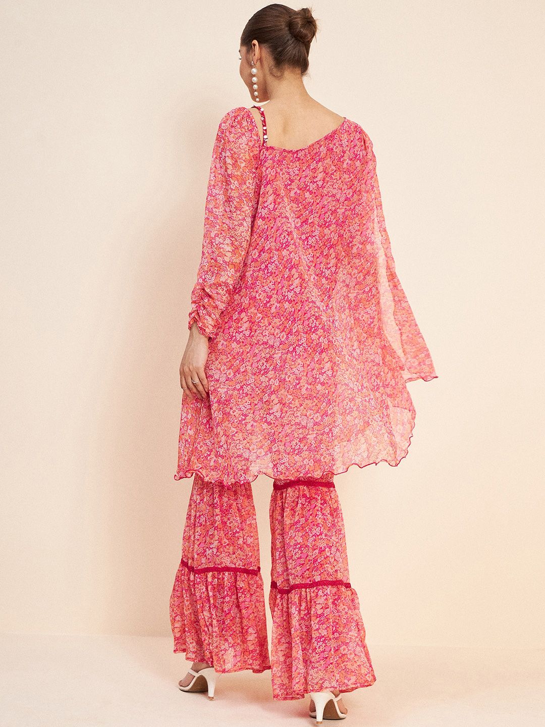 Antheaa Pink Floral Printed A-Line Kurta With Sharara