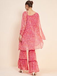 Antheaa Pink Floral Printed A-Line Kurta With Sharara