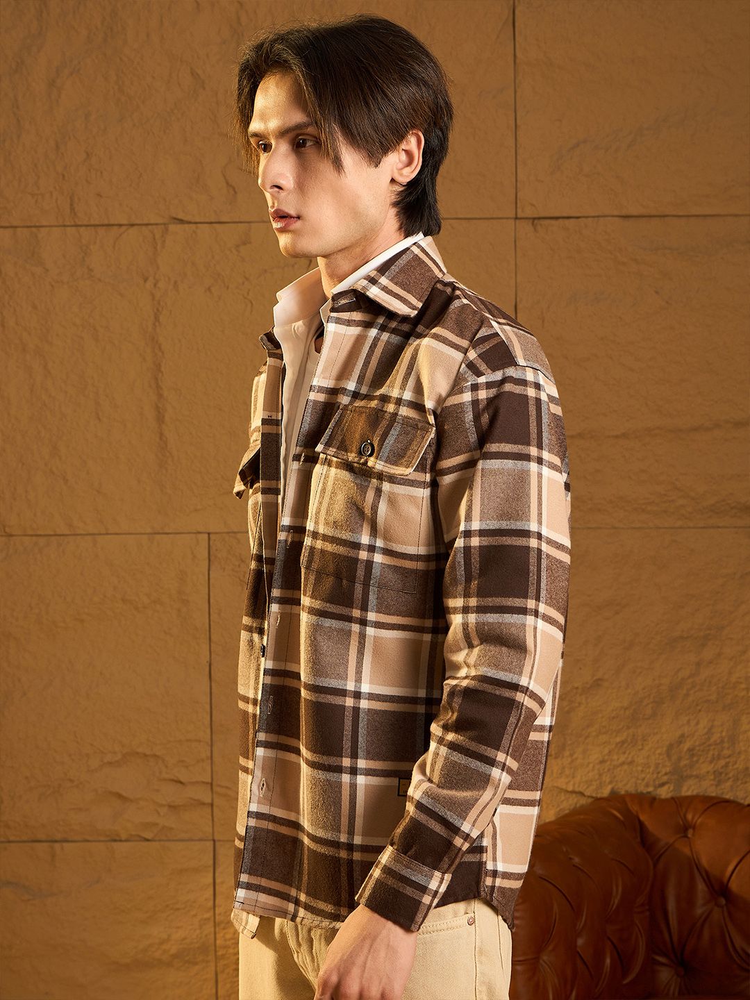 DENNISON Men Double Pocket Drop Shoulder Oversized Cotton Checked Shacket