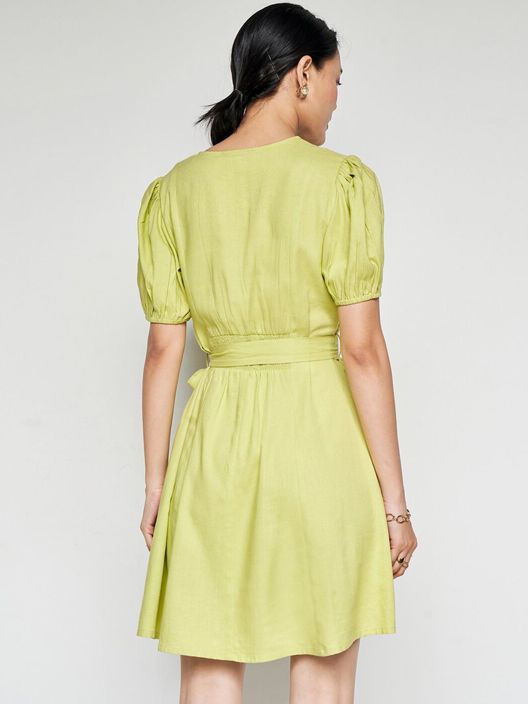 AND Puff Sleeves V-Neck Belted Linen A-Line Dress
