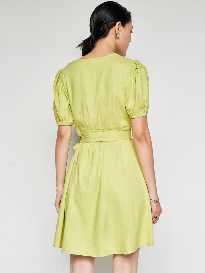 AND Puff Sleeves V-Neck Belted Linen A-Line Dress