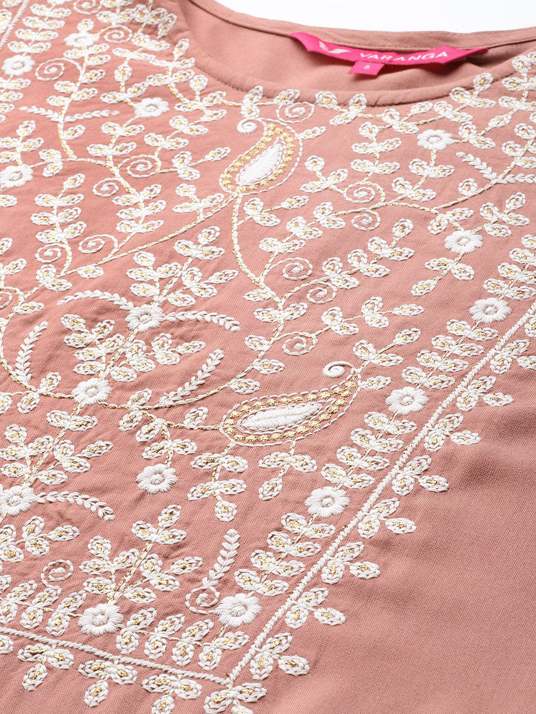 Varanga Women Beige Thread Embroidered Pure Cotton Kurta with Trouser and Dupatta