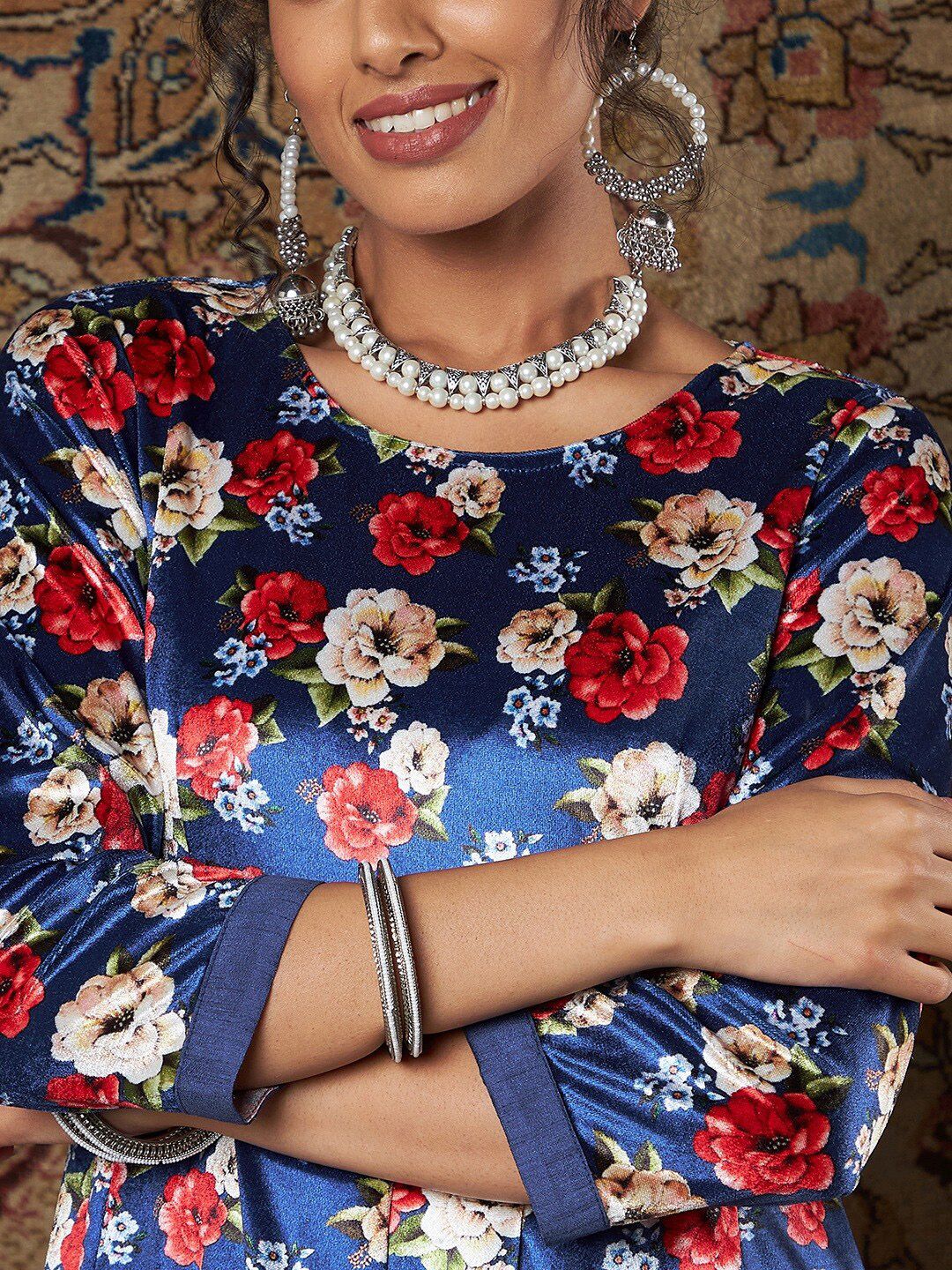 Shae by SASSAFRAS Women Blue Floral Printed Pleated Velvet Kurta with Palazzos