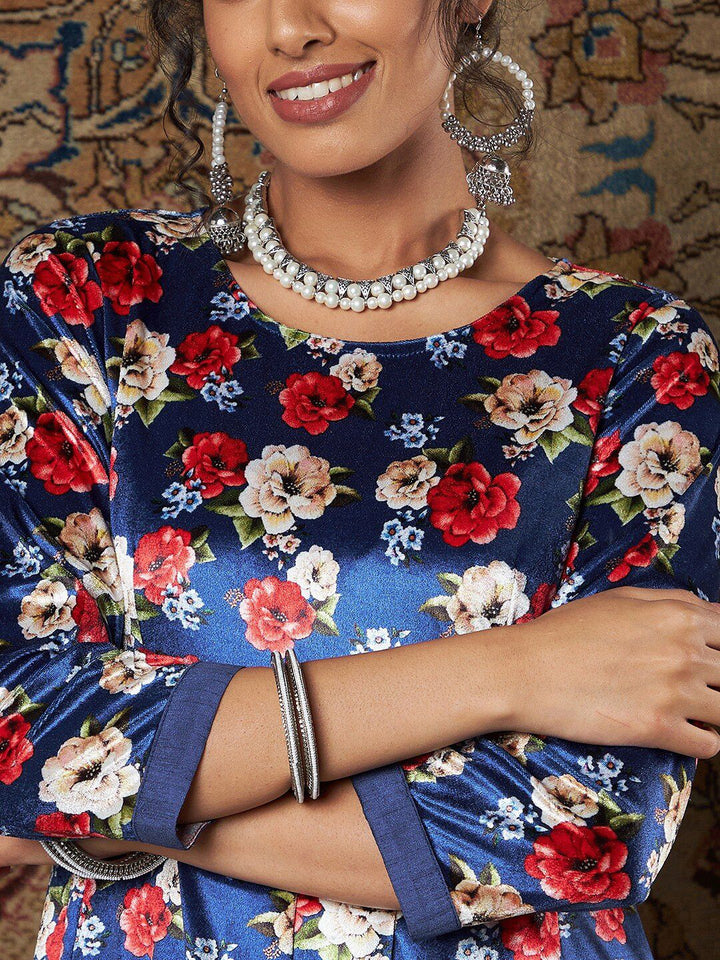 Shae by SASSAFRAS Women Blue Floral Printed Pleated Velvet Kurta with Palazzos