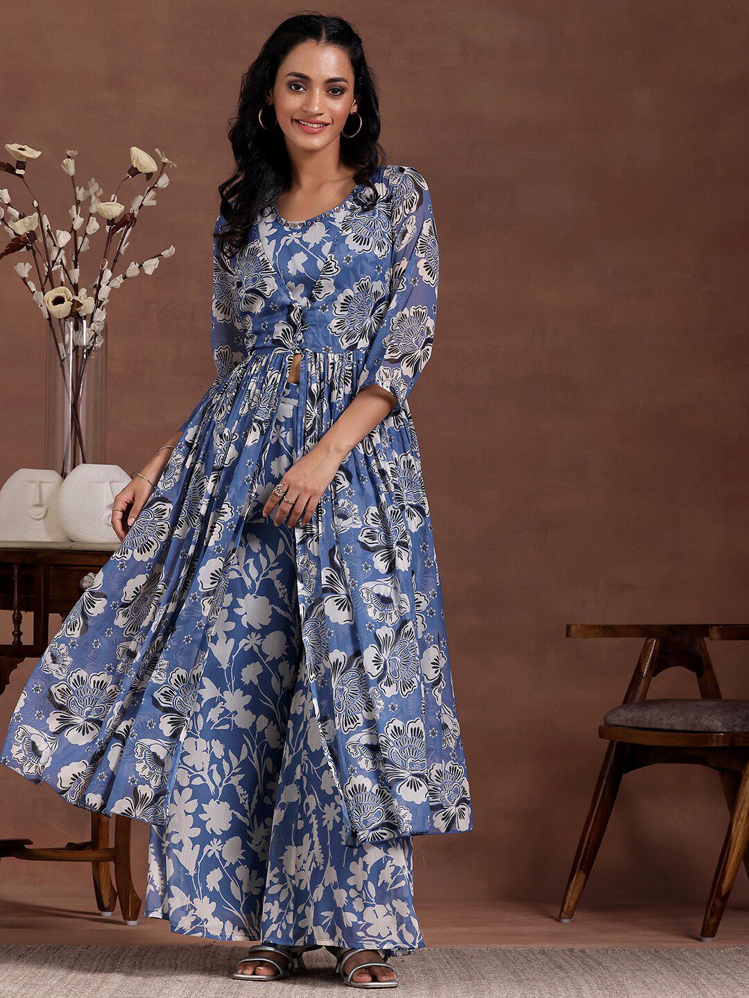 Libas Women floral Printed Tunic, Shrug & Palazzos Co-Ords Co-Ords