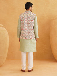 SOJANYA Men Green Ethnic Motifs Woven Design Kurta & Churidar Comes With a Nehru Jacket