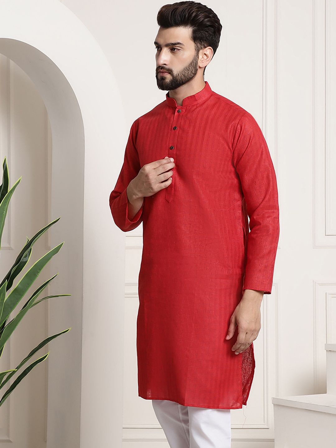 SOJANYA Lelaki Red Dobby Checked Straight Kurta