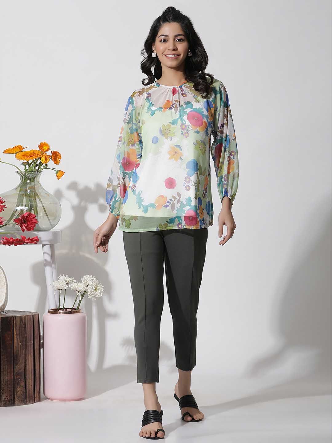 W Floral Printed Puffed Sleeves Pure Chiffon Top