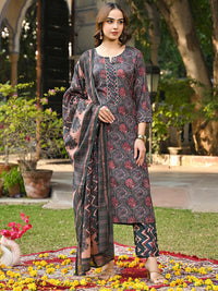 KALINI Geometric Printed Notch Neck Gotta Patti Straight Kurta With Trousers & Dupatta