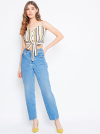 Berrylush White & Yellow Striped Cinched Waist Top
