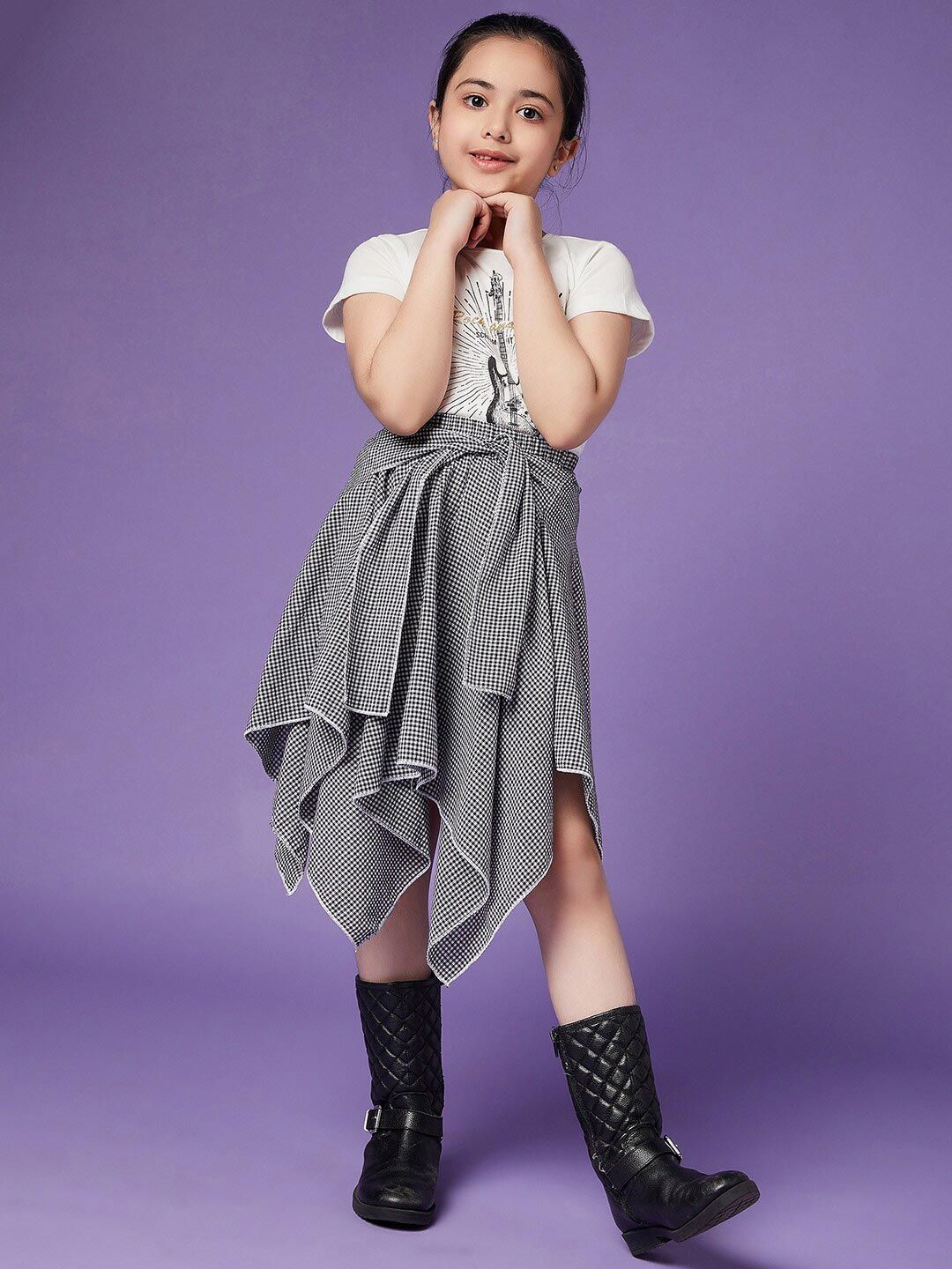 pspeaches Girls Pure Cotton Top With Checked Skirt