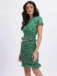 DressBerry Floral Print Smocked Ruffled Detail Cinched Waist Top with Peplum Skirt