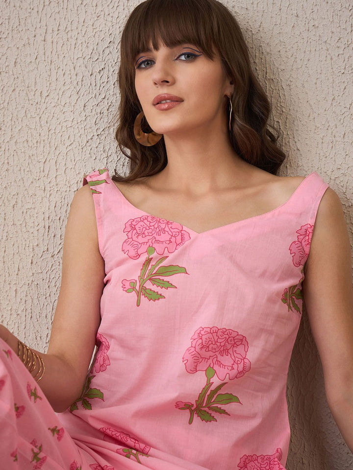 Indo Era Women Floral Printed Regular Pure Cotton Kurta with Trousers