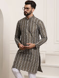 SOJANYA Lelaki Motif Etnik Hijau Zaitun & Putih Sulam Kurta Lurus