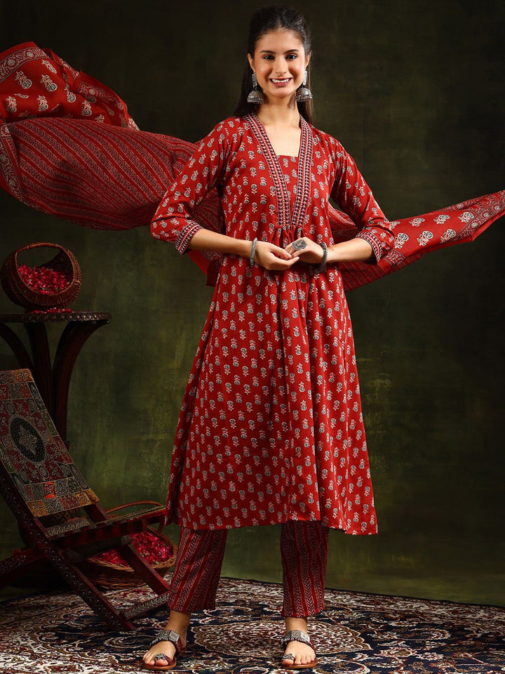 Kalini Floral Printed V-Neck A-line kurta dengan seluar dan dupatta