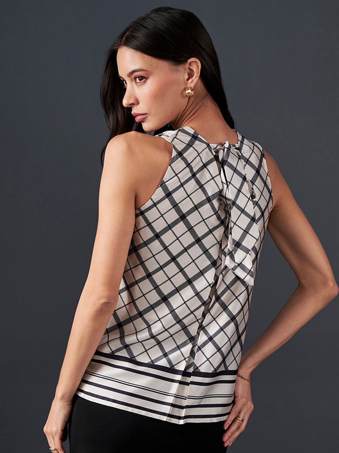 AND Checked Round Neck Styled Back Top