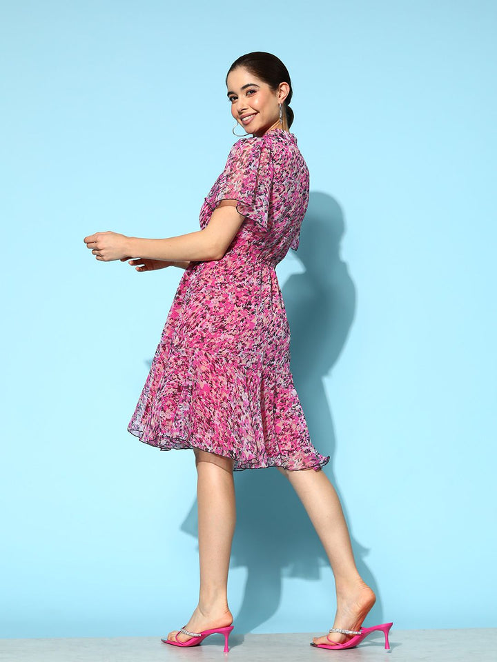 Antheaa Pink & Multicoloured Tie-Up Neck Flared Sleeves Chiffon A-Line Dress